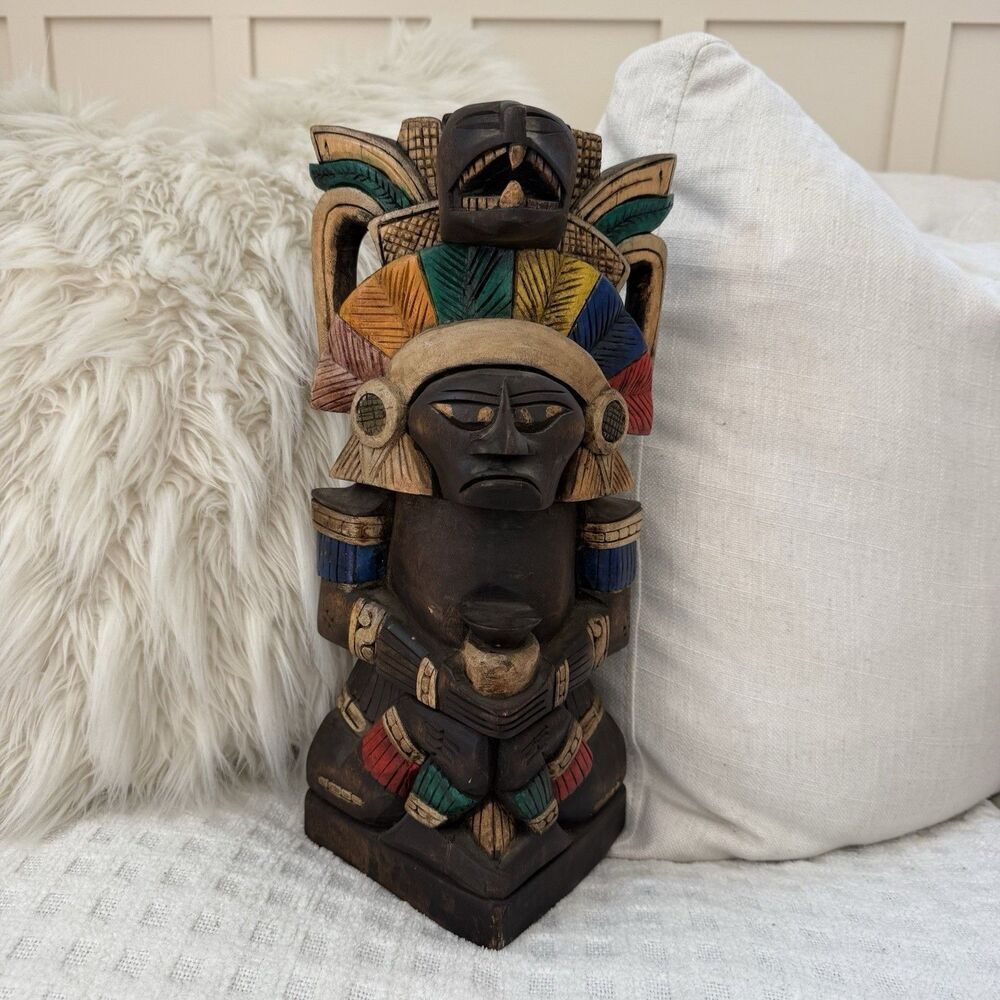 Vintage Wooden Mayan Aztec Hand Carved Painted Totem Poles Warrior Energy 13.5"